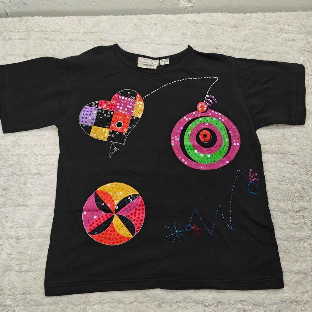 VTG 80s Beaded‎ Sequin Tshirt Women S Abstract Artsy Geometric Black Cotton